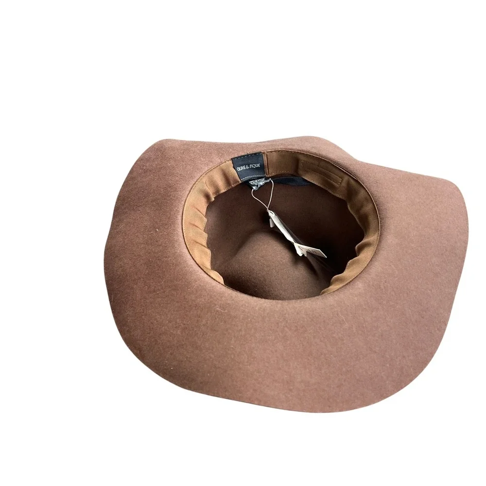 Olive & Pique Brown Wool Wide Brim Fedora Hat Adjustable Boho Ribbon Trim NWT